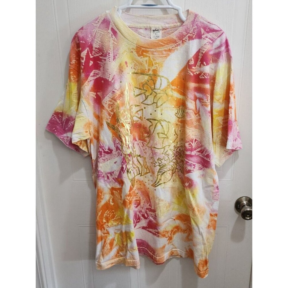 Vintage 80s Silver Screen T's Tiedye S/S T Shirt Gold Screen Print‎ Fish OSFA